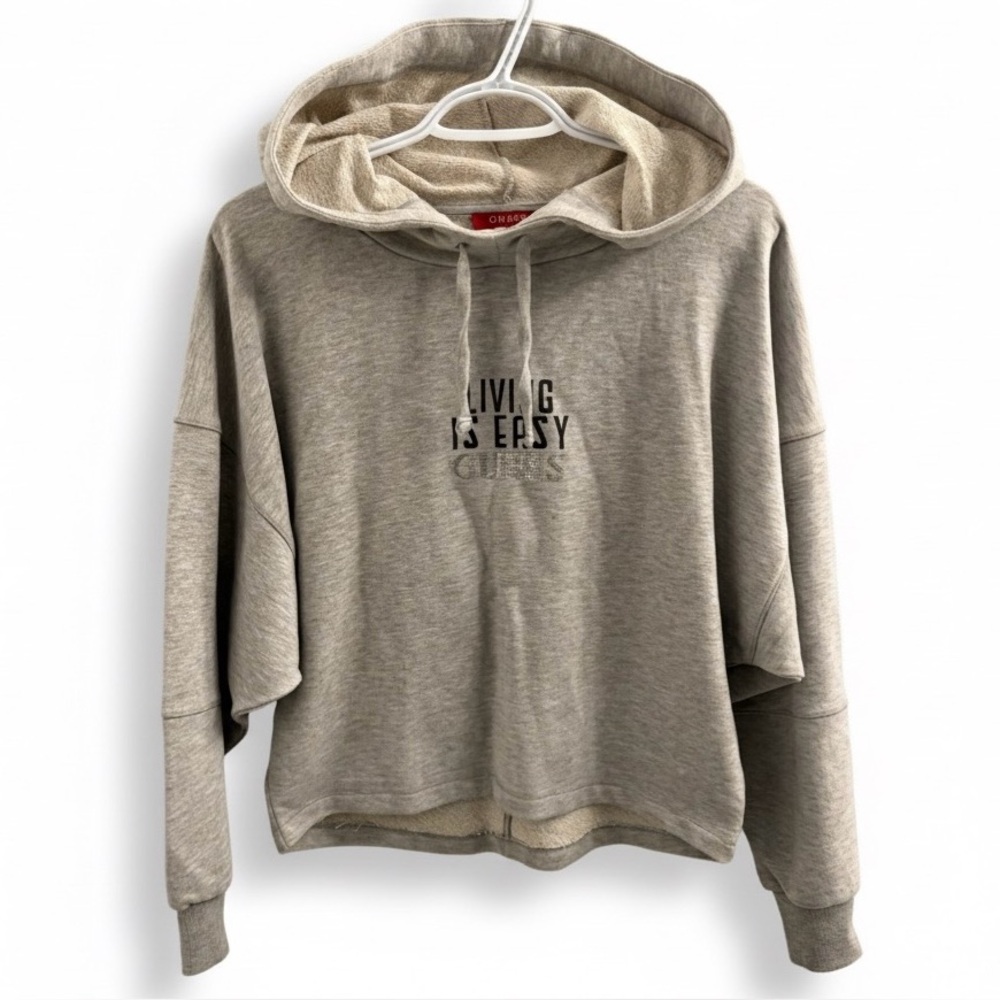 Guess | Grey Cropped Graphic Hoodie Oversized Fit Embellished Rhinestone Logo